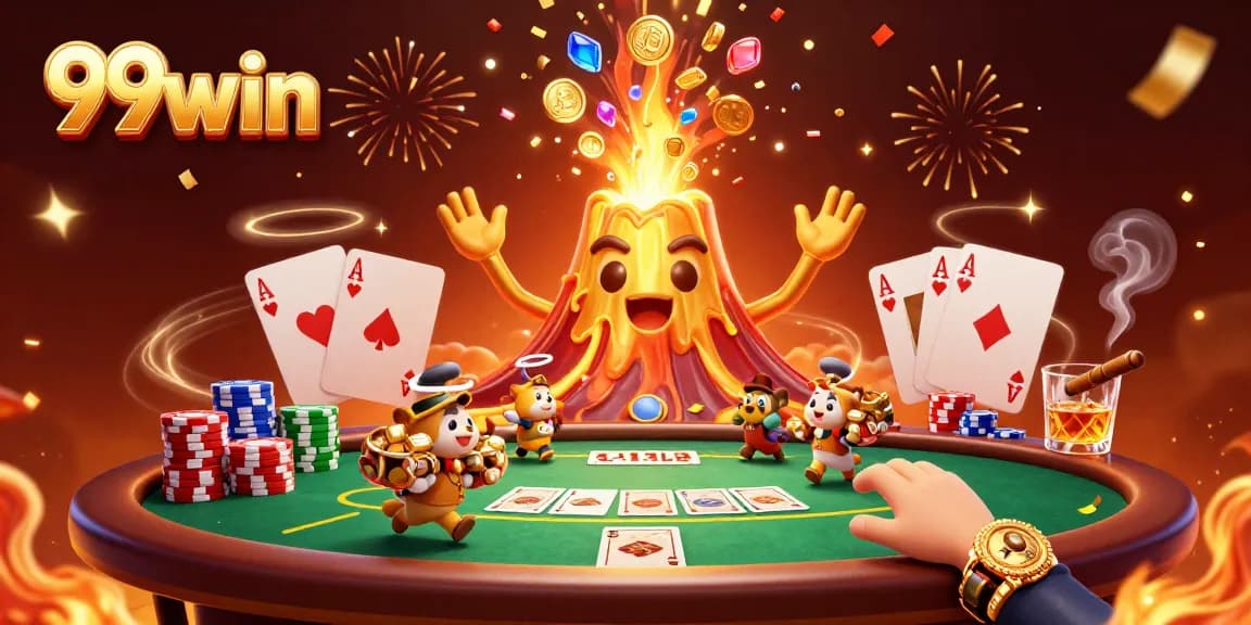 Engage in thrilling casino action with the 99win golden volcano erupting coins and poker elements.