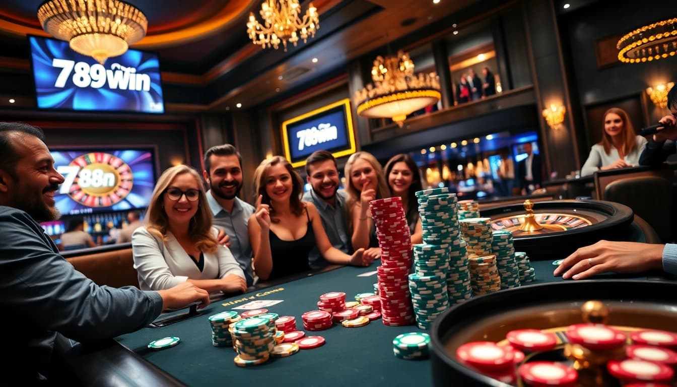 Excited players at a luxurious casino table showcasing 789win poker chips and cards.
