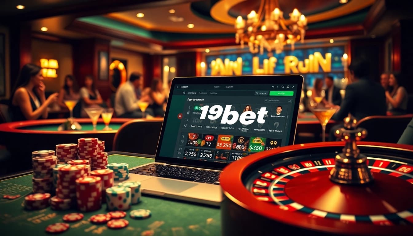 Experience i9bet through an exciting casino scene with poker chips and a roulette wheel.