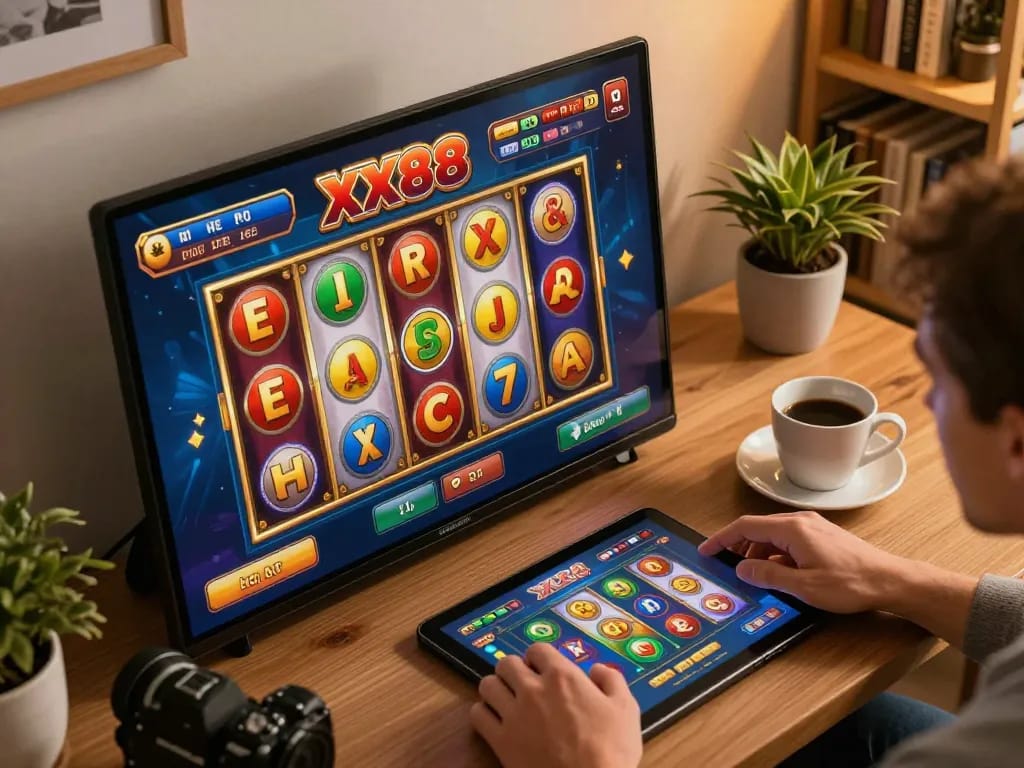 Engage with exciting XX88 slots during a cozy home gaming session, showcasing vibrant reels.