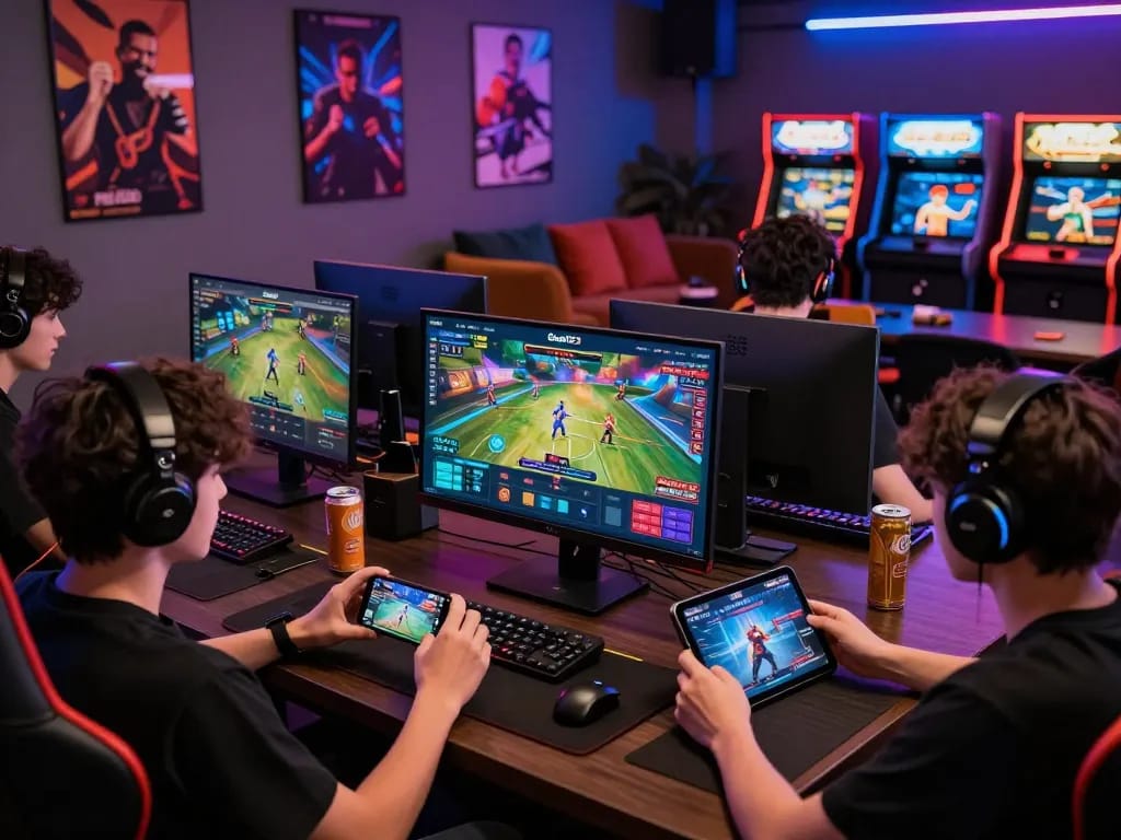 Interactive gameplay on Goal123 platform with diverse players in a vibrant gaming lounge atmosphere.