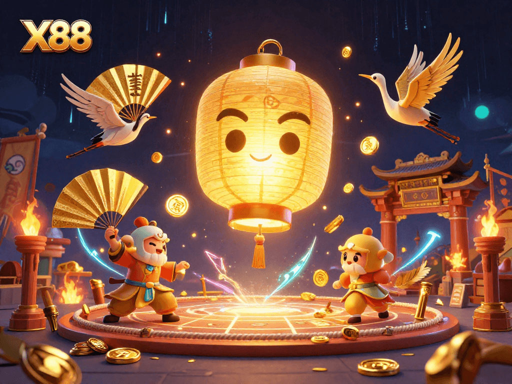 X88 showcases a vibrant night market casino scene with golden lanterns and warriors, filled with animated gambling action.