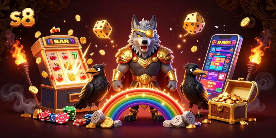 Bet on s8 for exciting casino games, featuring a vibrant slot machine and mythical characters.
