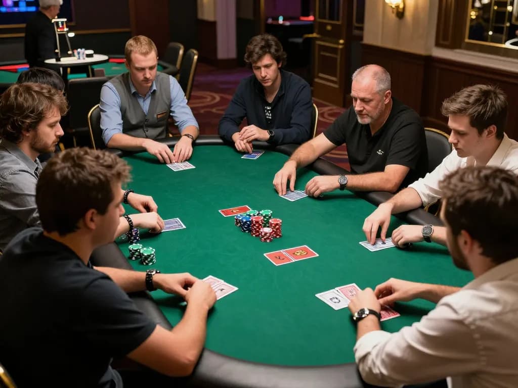 Link truy cập Tic88 poker tournament action with players analyzing hands at a casino table