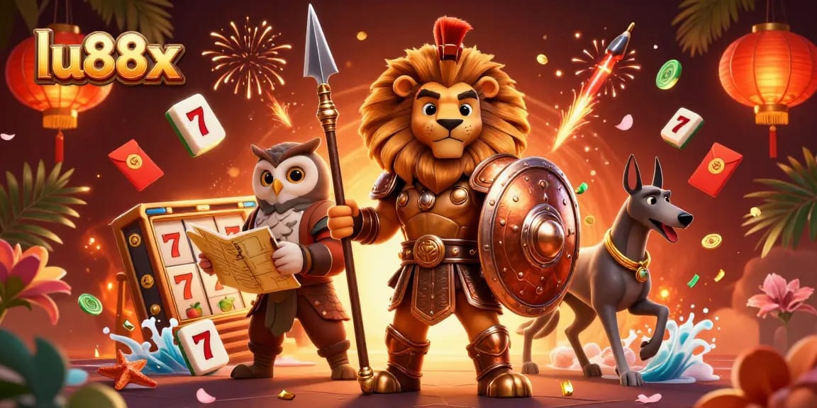 Experience the excitement of lu88x with a vibrant 3D depiction of a Spartan lion, strategic owl, and swift greyhound in a dynamic casino scene.