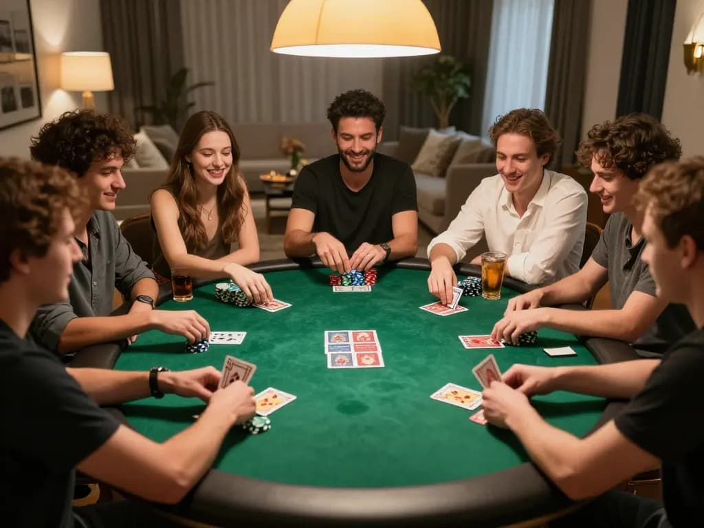 Playing poker with friends, focusing on giải mã số học strategies in an engaging home atmosphere