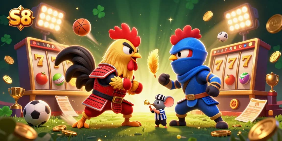 S8 players spin slot reels with roosters in combat, showcasing dynamic gaming action.