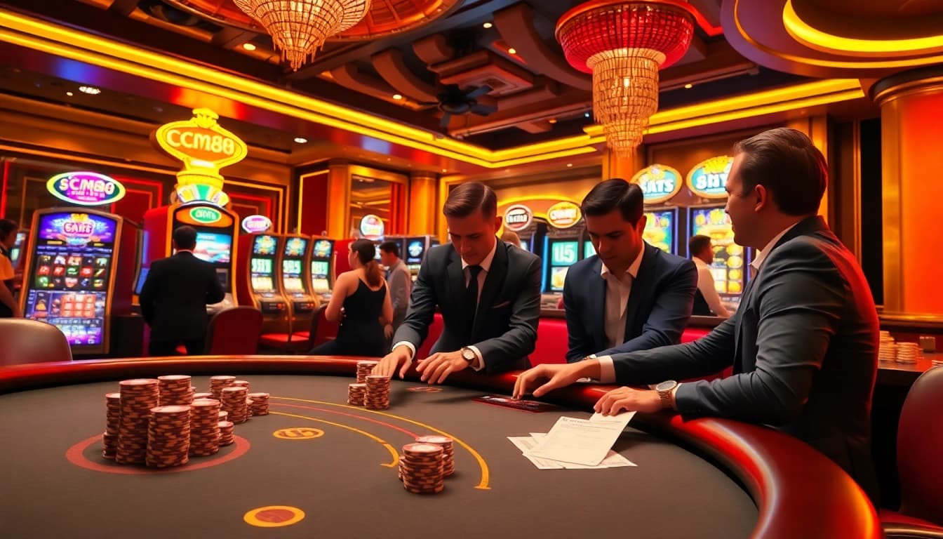 Experience the thrilling atmosphere of gambling with CM88 autos featuring intense poker tables and vibrant slot machines.