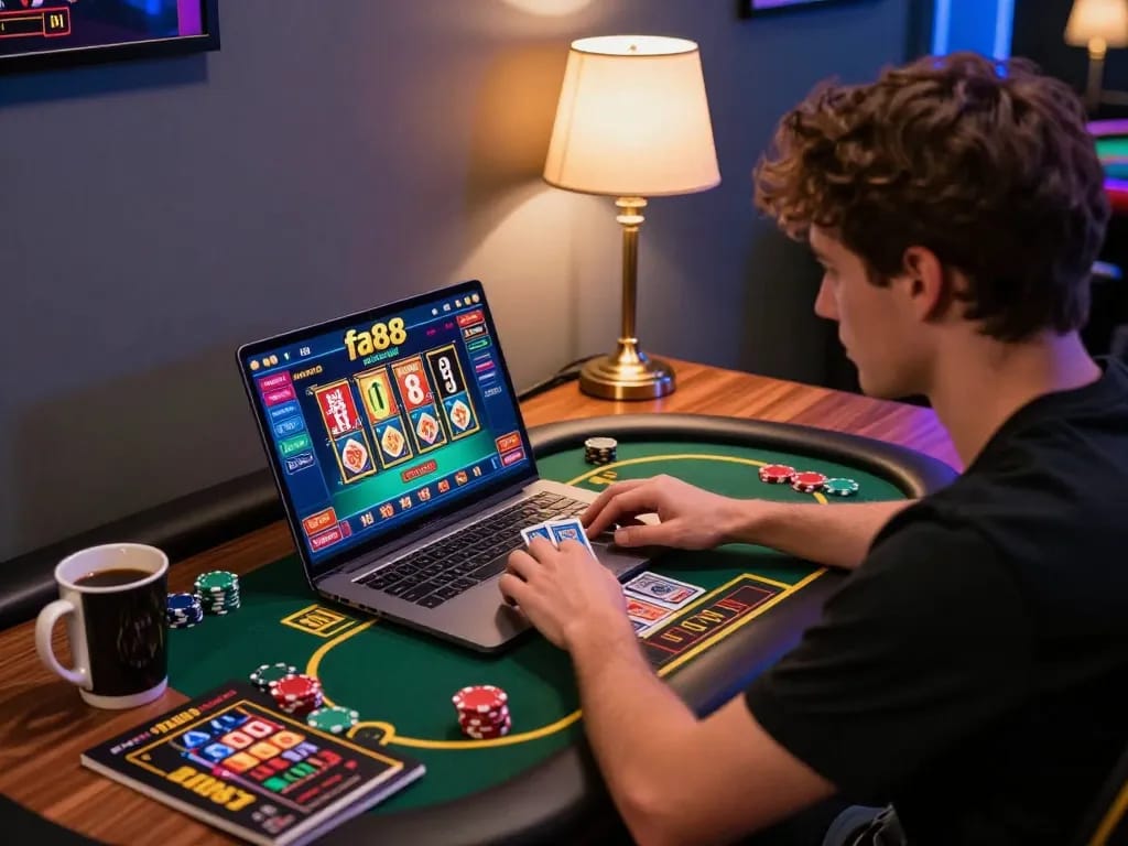 Player engaged in online casino gaming on fa88 interface, showcasing strategic betting with poker cards and chips.