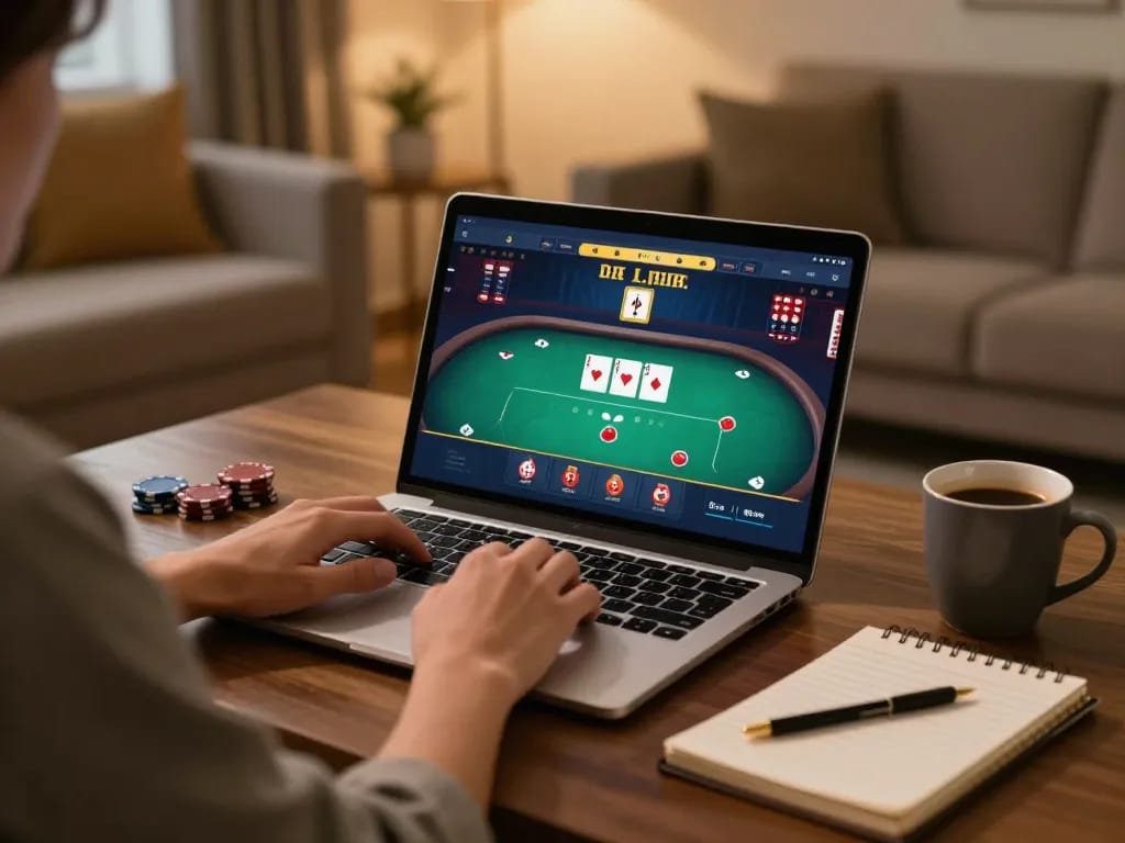 FLY88 engaging in poker strategy at home with laptop and gaming notes.