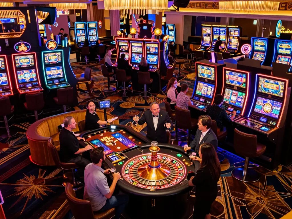 Engaged players betting at go99 slot machines in a lively Las Vegas casino atmosphere.