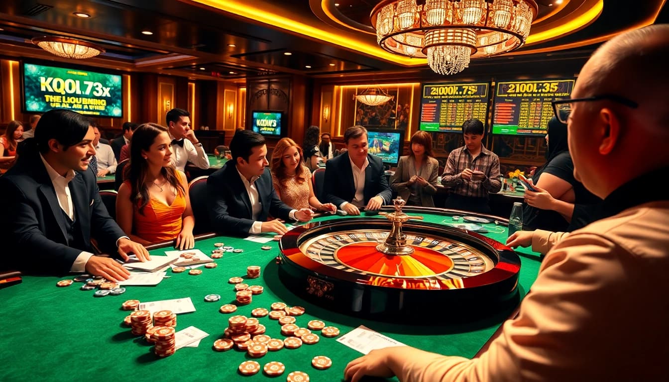 Engaging players checking Kqxs lottery results at a roulette table in a vibrant casino atmosphere.