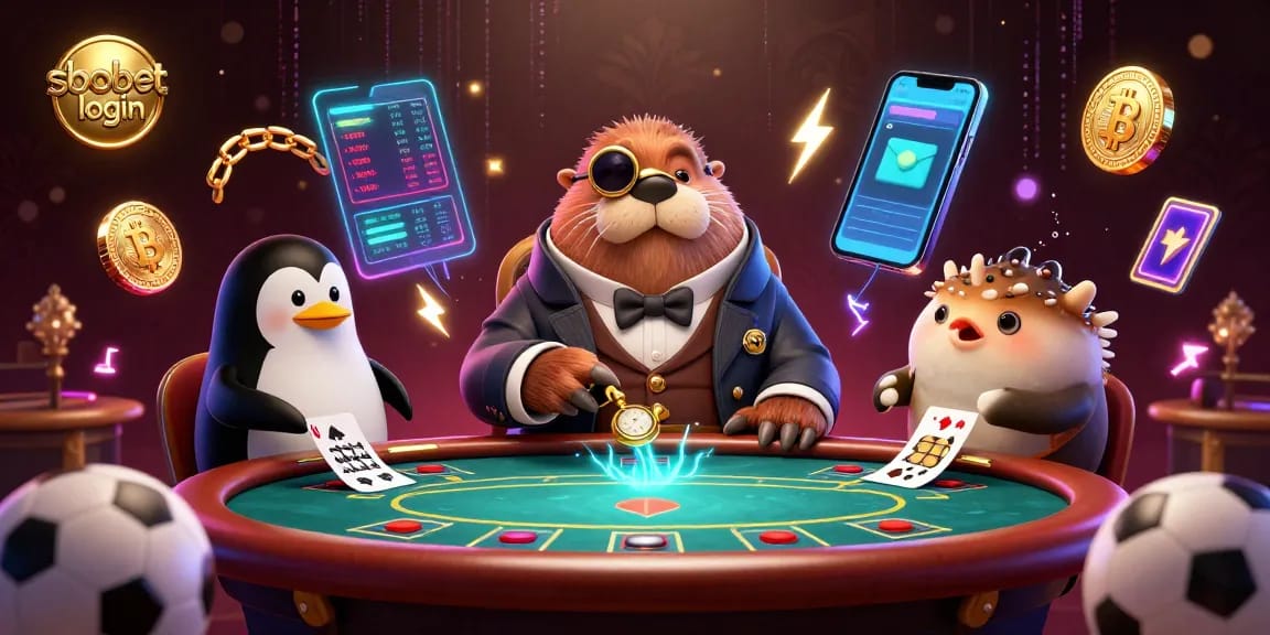 Engage with sbobet login at an underwater poker table surrounded by sports elements and cryptocurrency.