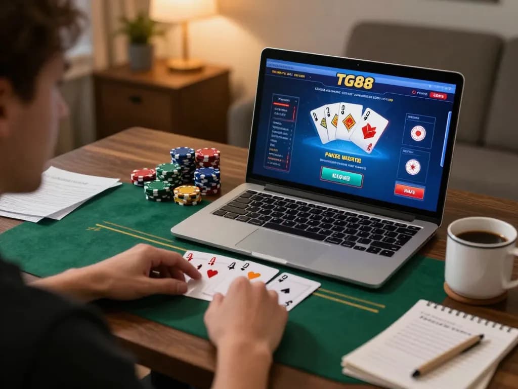 TG88 online poker action on a laptop with player engaged in strategic gameplay.