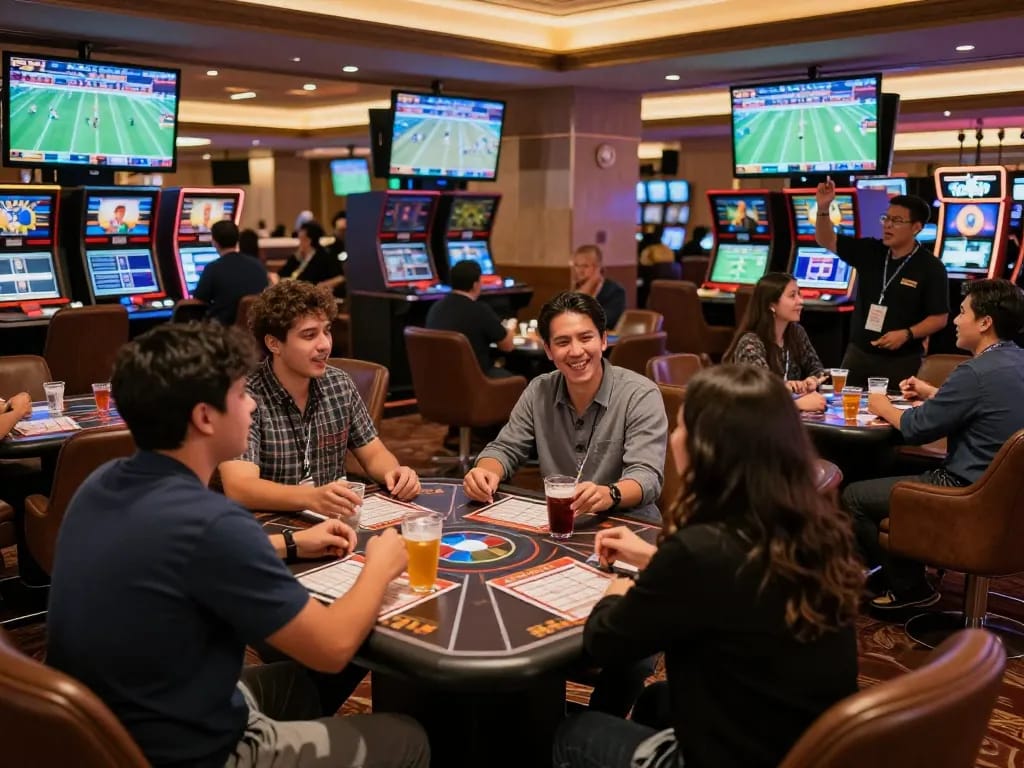 Action-packed sports betting atmosphere with patrons engaged around betting slips in SC88 lounge.