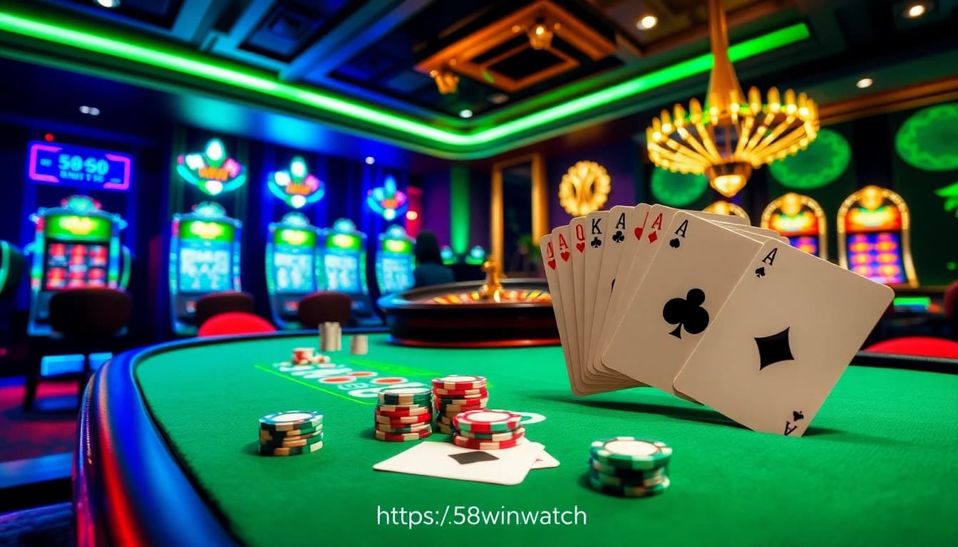 Experience the thrill of winning at 58WIN, featuring vibrant casino tables, slots, and a roulette wheel.