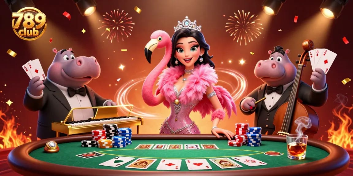 Experience excitement at 789club with a vibrant casino scene featuring a flamingo singer and hippo bassist.