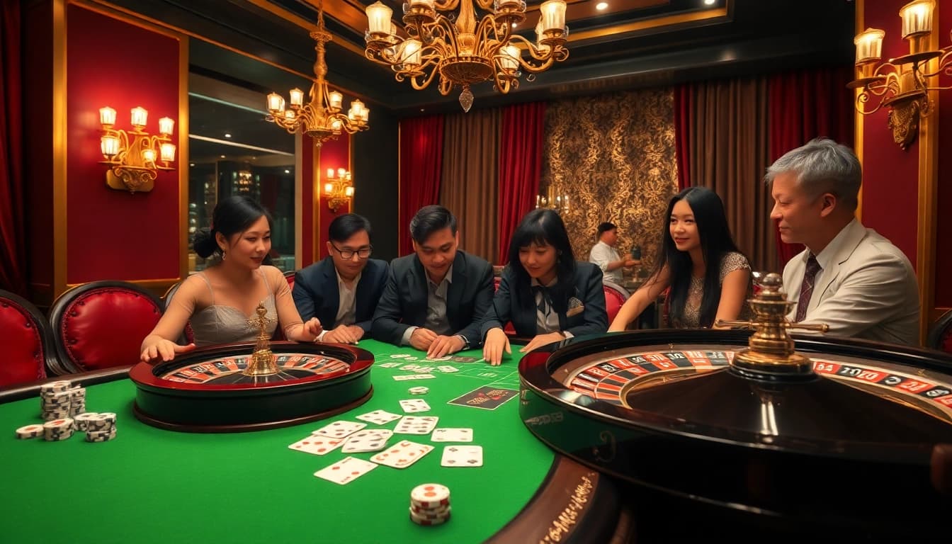 Players enjoying poker and roulette at PU88's luxurious casino table.