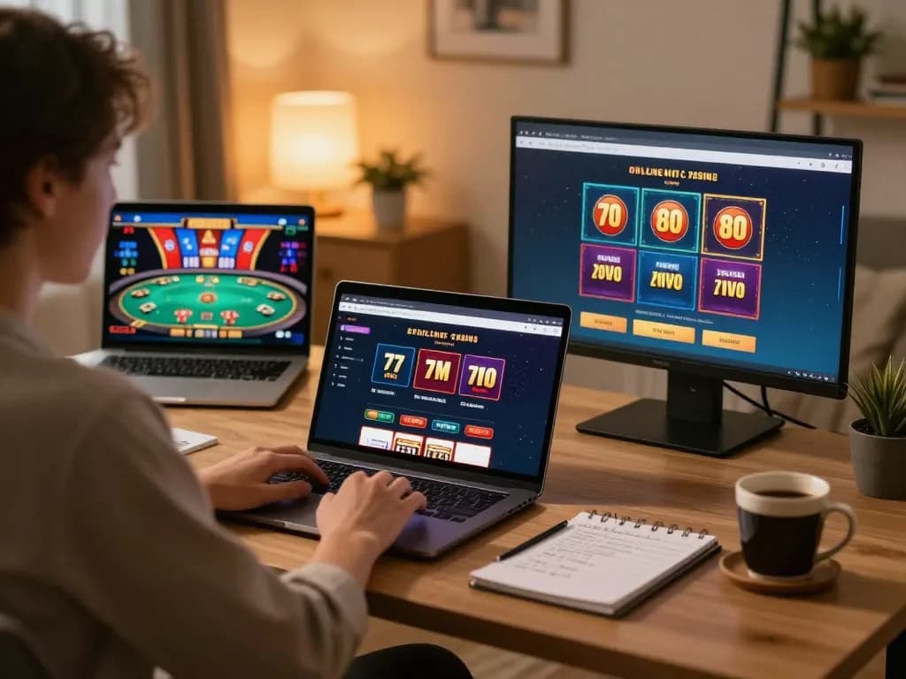 Engaging online gaming experience with 7M casino interface displayed on laptop in cozy home workspace.