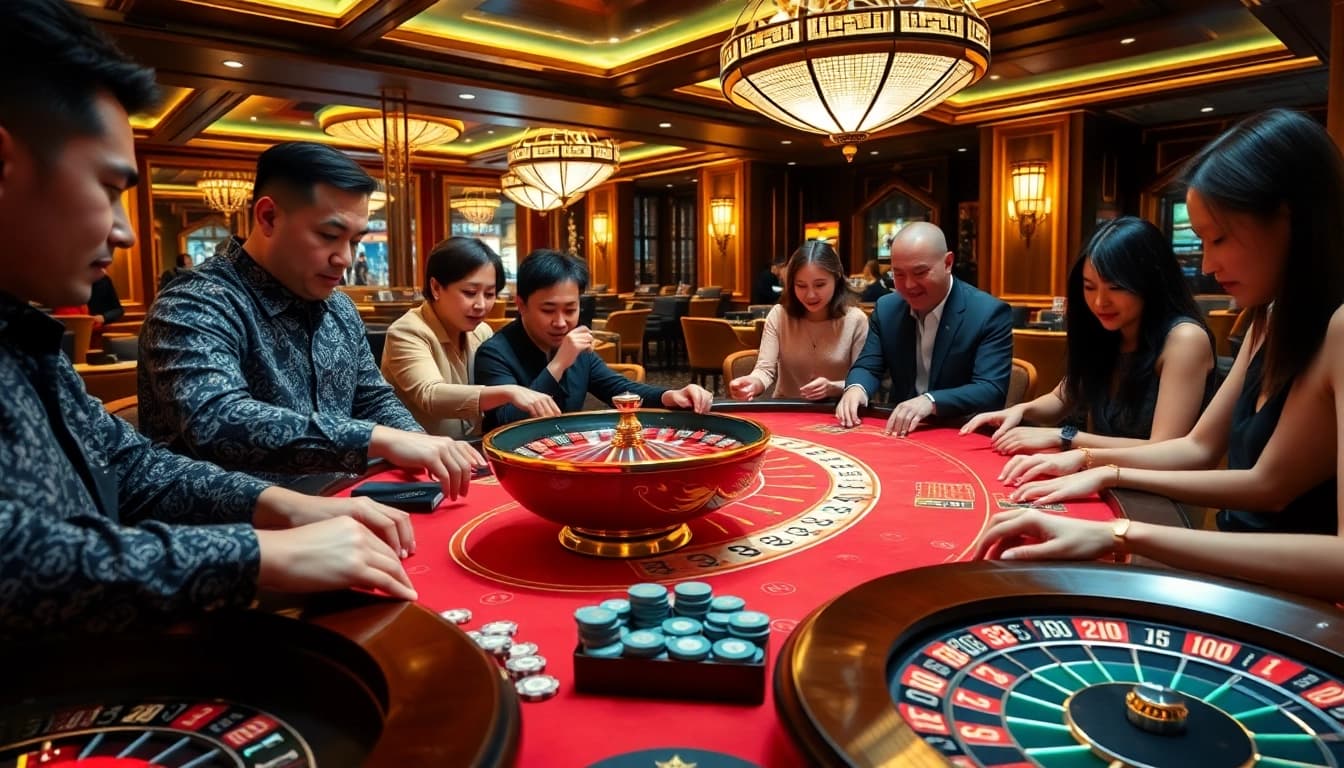 Xóc đĩa game in action with enthusiastic players betting at a vibrant casino table.