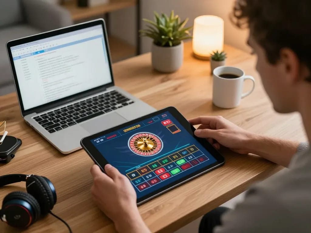 Engaging in live roulette online gaming experience on a tablet at home, thabete platform showcasing betting options.