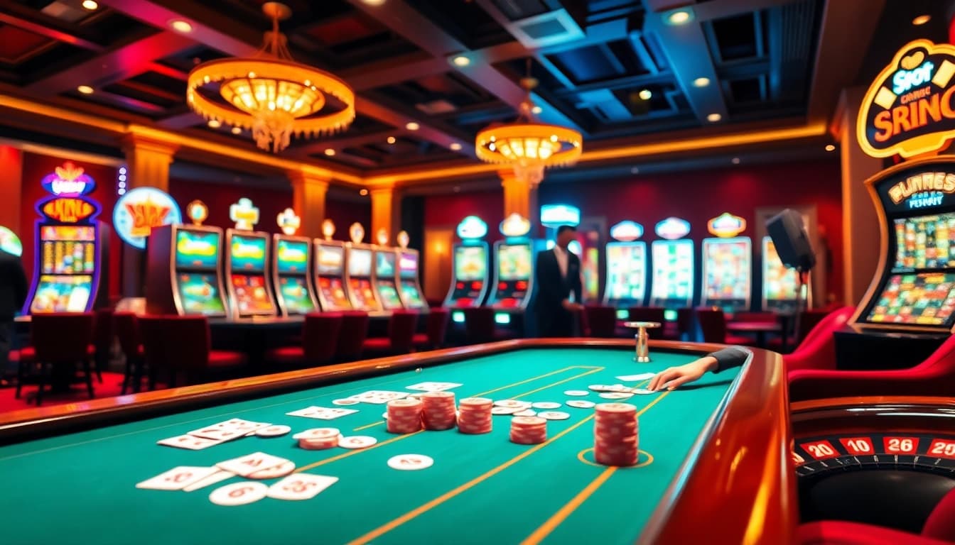 Engage in an exciting poker game at i9bet's luxury casino setup with vibrant tables and machines.