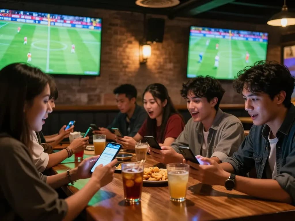 Friends enjoying แทงบอล while watching a live football match and using betting apps