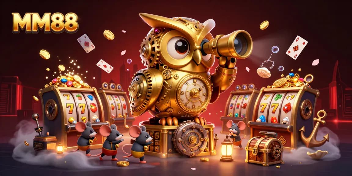 Experience immersive gameplay at MM88 with a cartoon owl overseeing a vibrant casino floor.