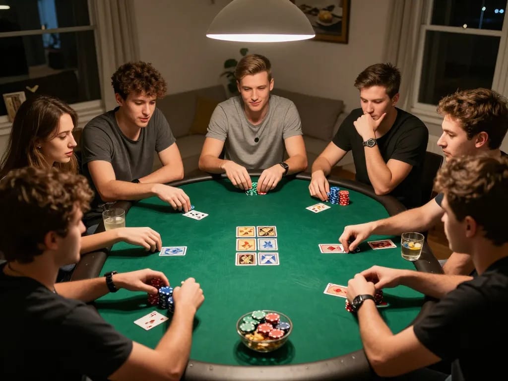 Friends playing poker at home, strategizing with chips, highlighting the excitement of pucuk138 gaming.