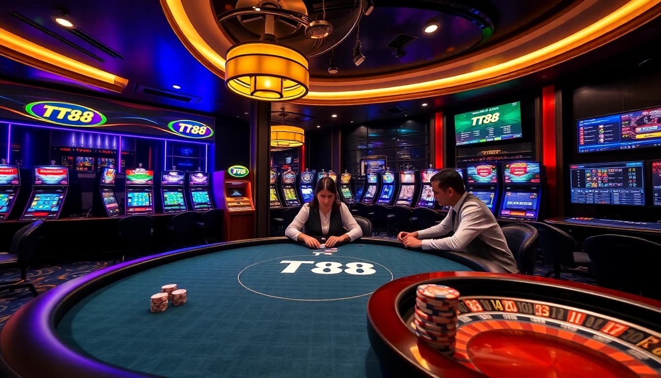 Experience the excitement at TT88 with a thrilling poker game and vibrant casino atmosphere.