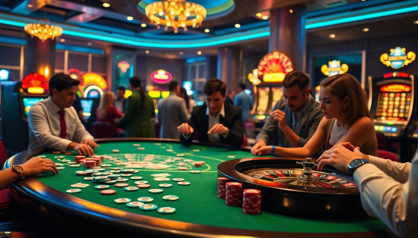 Exciting casino scene featuring LC88 branding with poker chips, cards, and roulette table.