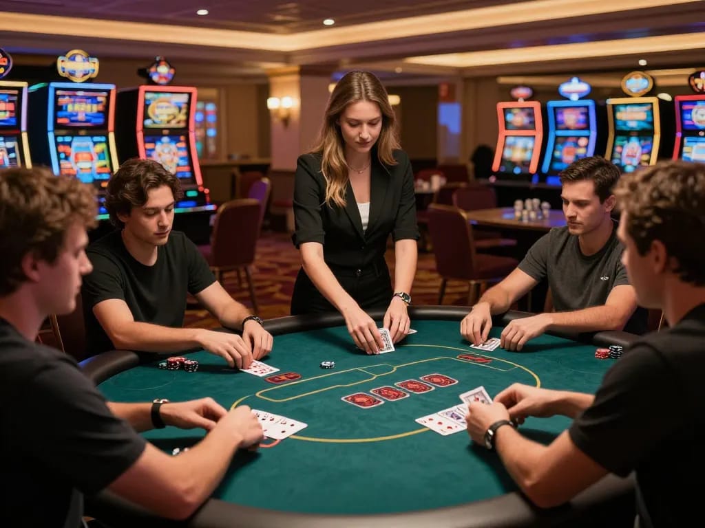 Engage in thrilling poker gameplay at 789clubgo, showcasing players and dynamic dealer action in an upscale casino.