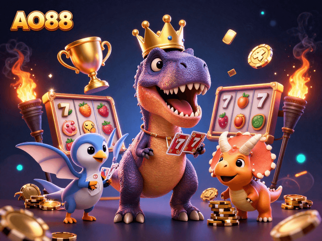 Engage with AO88's thrilling slots experience featuring a cartoon T-Rex and friends playing.