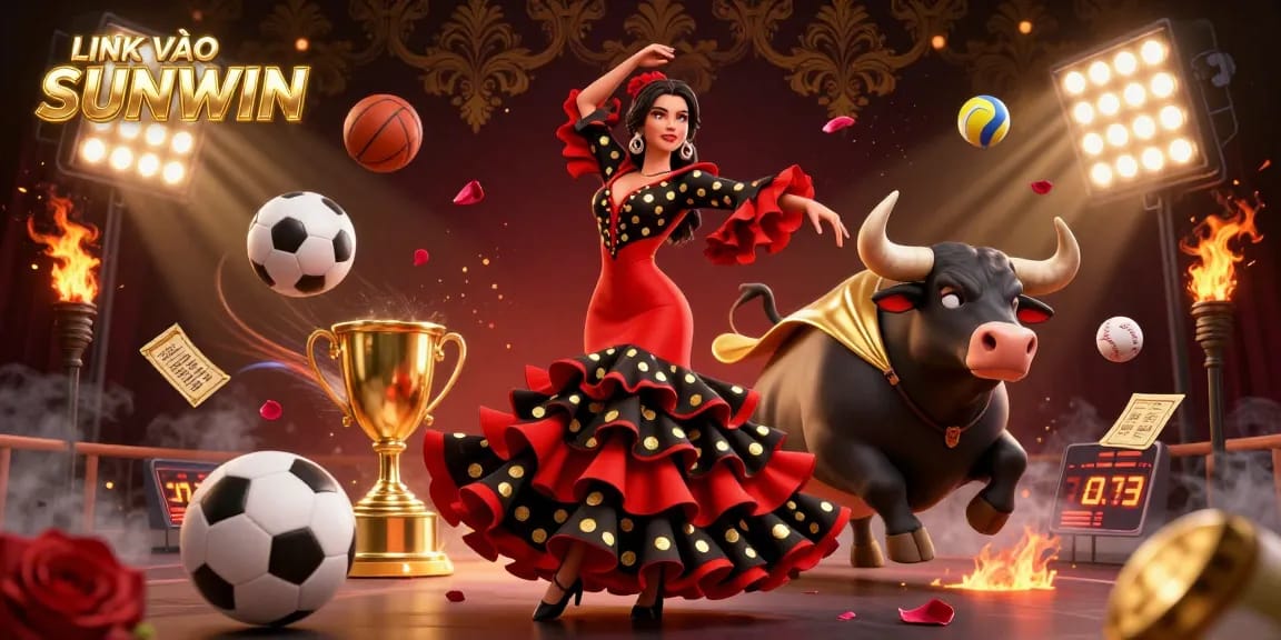 Experience LINK VÀO SUNWIN with this engaging 3D depiction of a flamenco dancer and a golden bull, enhancing the excitement of online gambling.