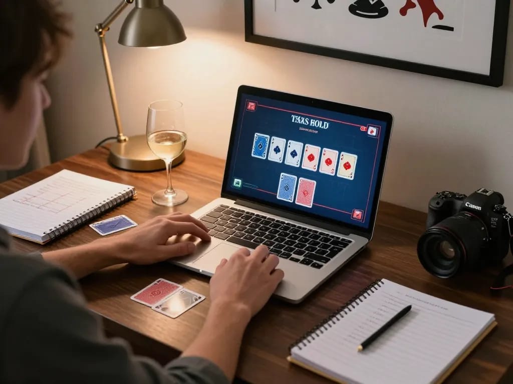 good88 player engaging in online poker strategy at home, warm atmosphere with gaming elements