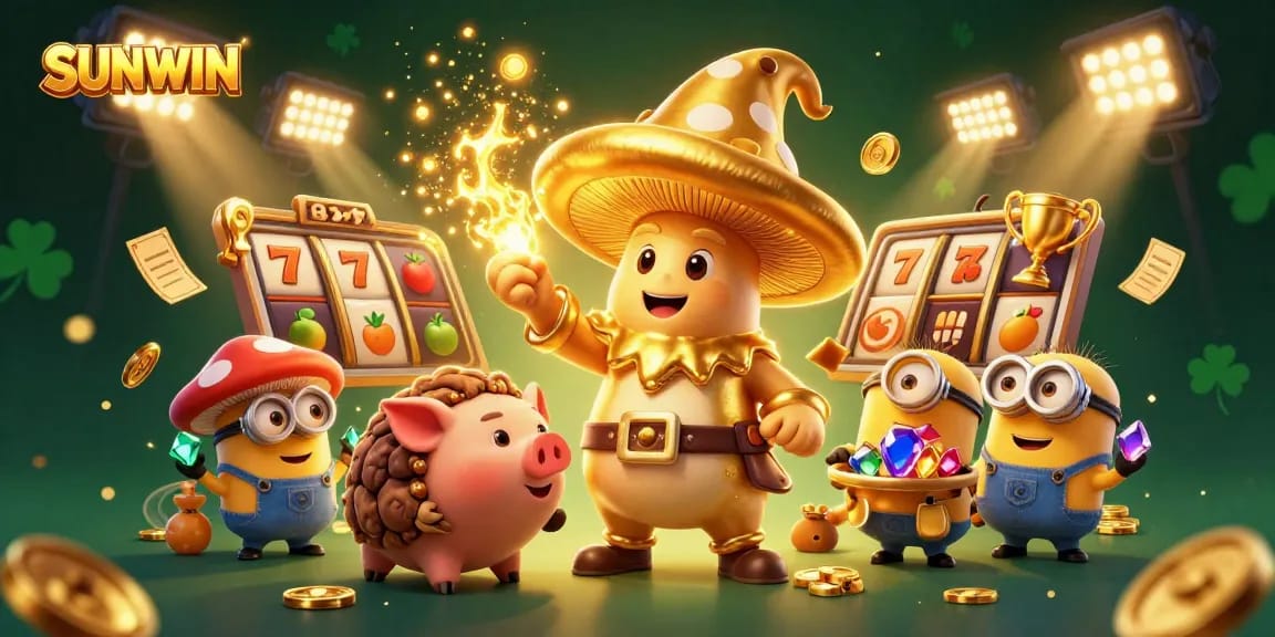 SUNWIN wizard channels magic in an engaging casino scene filled with slot elements and dynamic gold.