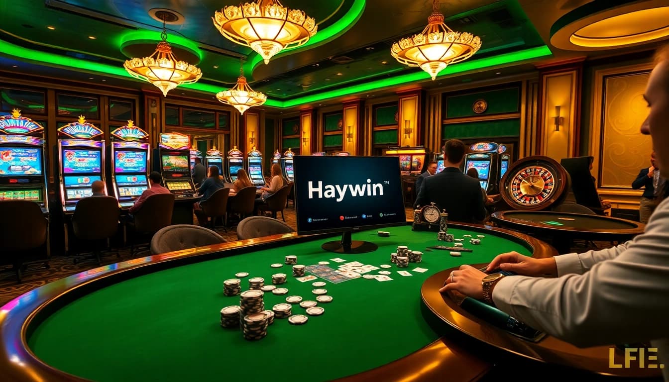 Vibrant gaming scene showcasing Haywin's online casino with poker tables and slot machines.