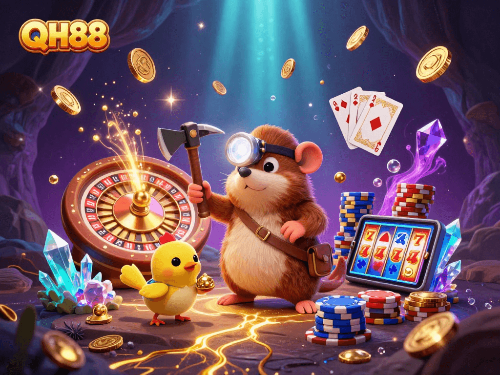 QH88 casino adventure with a treasure hunter mole amidst golden coins and gaming elements