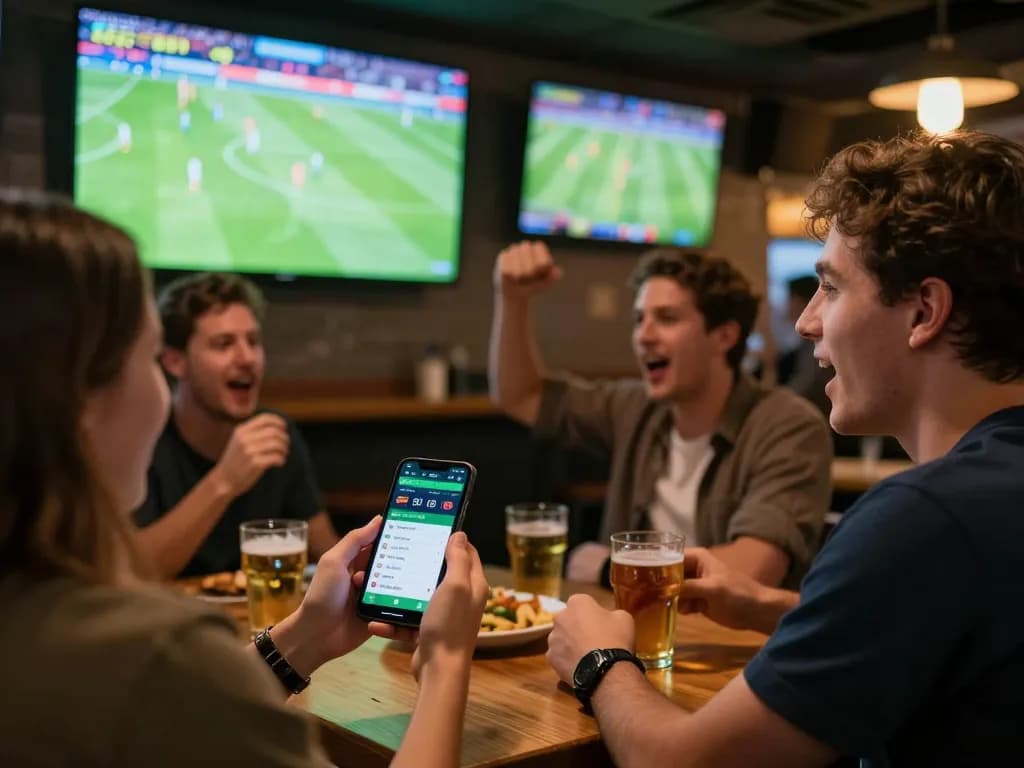 Fan placing bets on luong son tv during live football match at a lively sports bar.