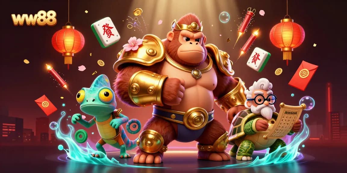 Experience the thrilling ambiance of ww88 with a powerful gorilla king, colorful chameleon, and wise tortoise in a rich casino scene.