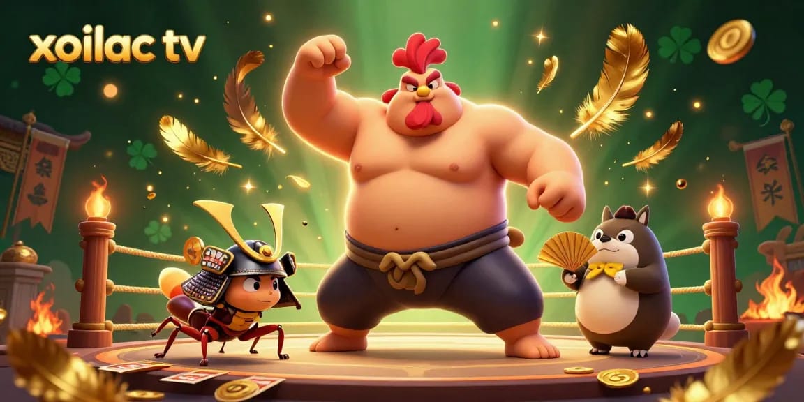 Xoilac TV sports betting scene featuring sumo wrestler rooster, samurai cricket, and tanuki announcer.