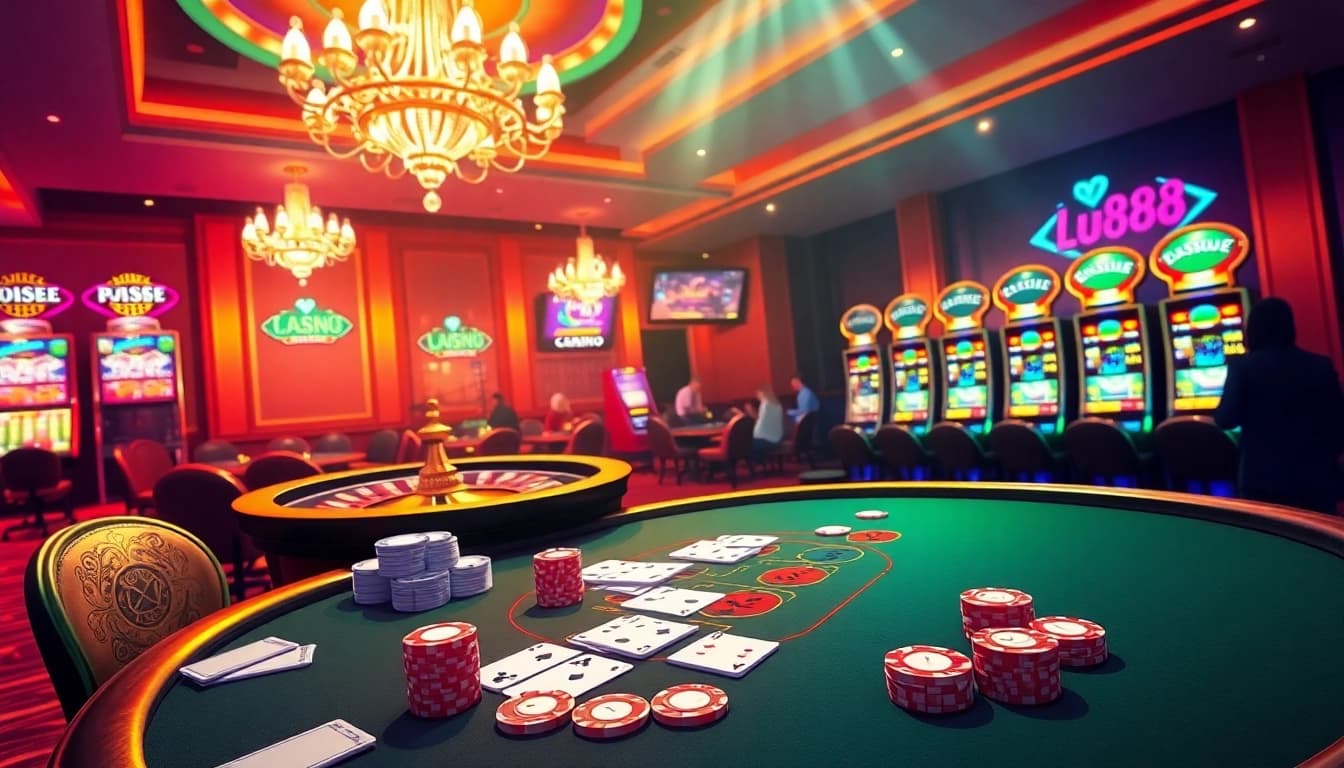 Experience the thrill of gambling at lu88bb.com with vibrant casino games, poker tables, and roulette wheels.