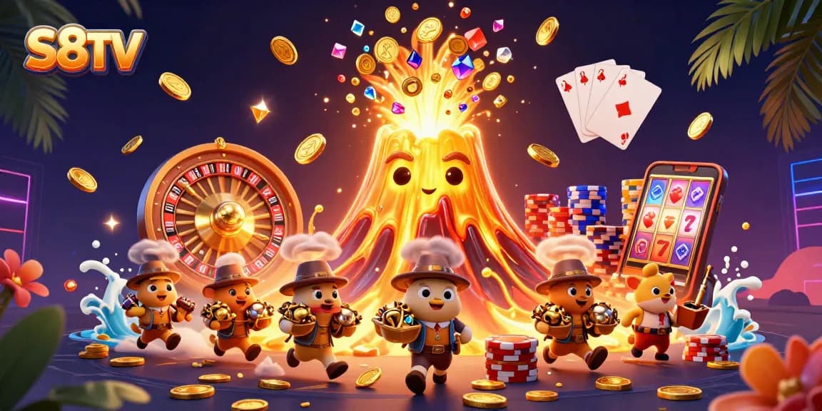 Experience the excitement of S8TV with vibrant 3D illustration of golden volcano and treasure-filled adventure.