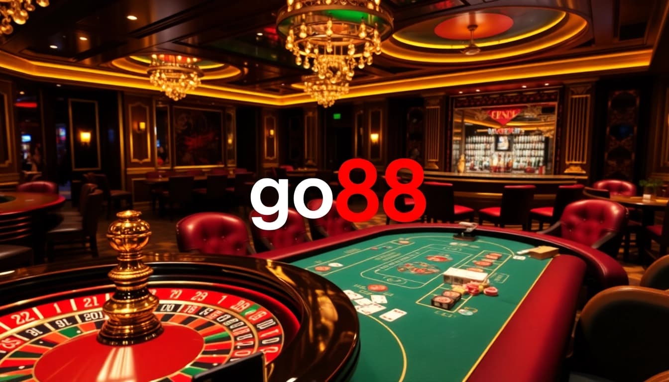 Engaged players at a go88 poker table in a luxurious casino setting.