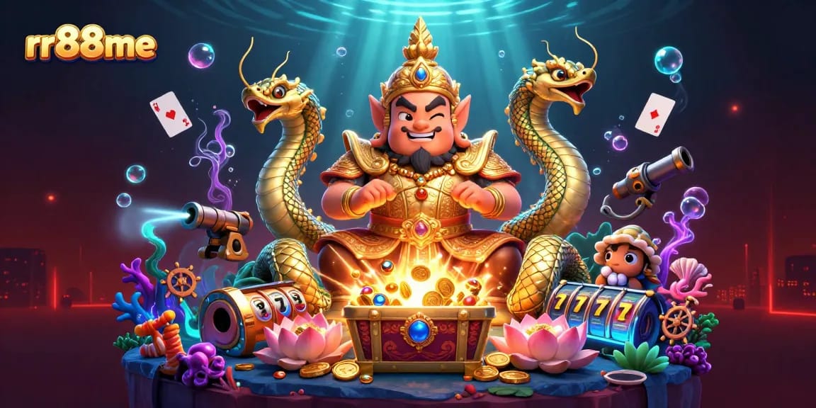 Win big at rr88me with vibrant 3D illustration showcasing an exciting casino scene filled with treasures.