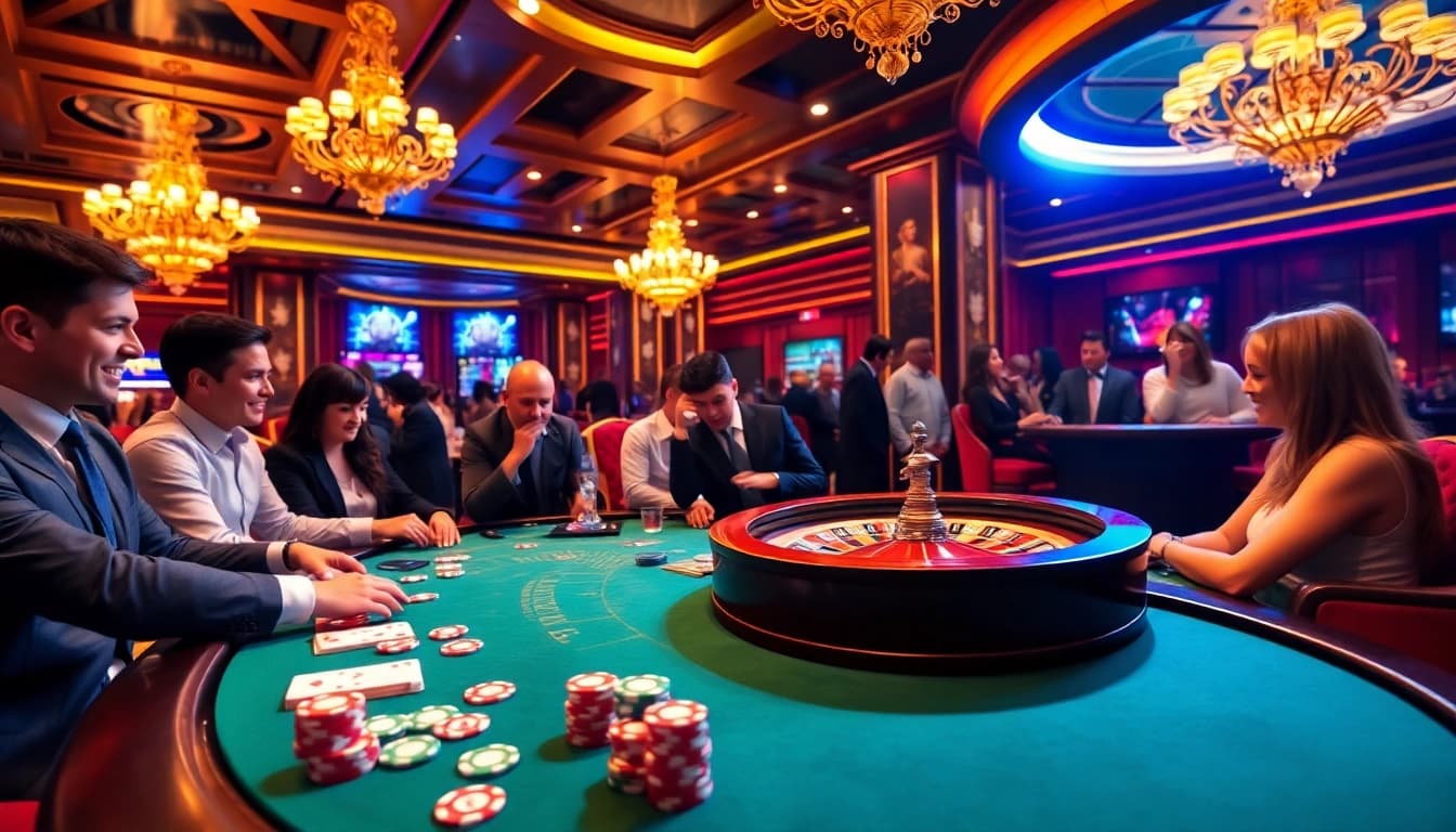 Experience the thrill of sunwin at a luxurious casino poker table with vibrant gameplay.