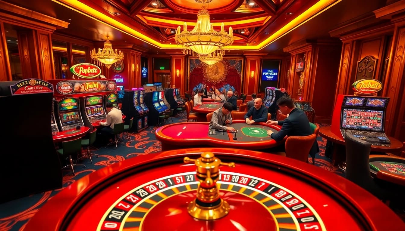 Players enjoying poker and slot machines at Thabet77 casino, showcasing thrilling gambling excitement.