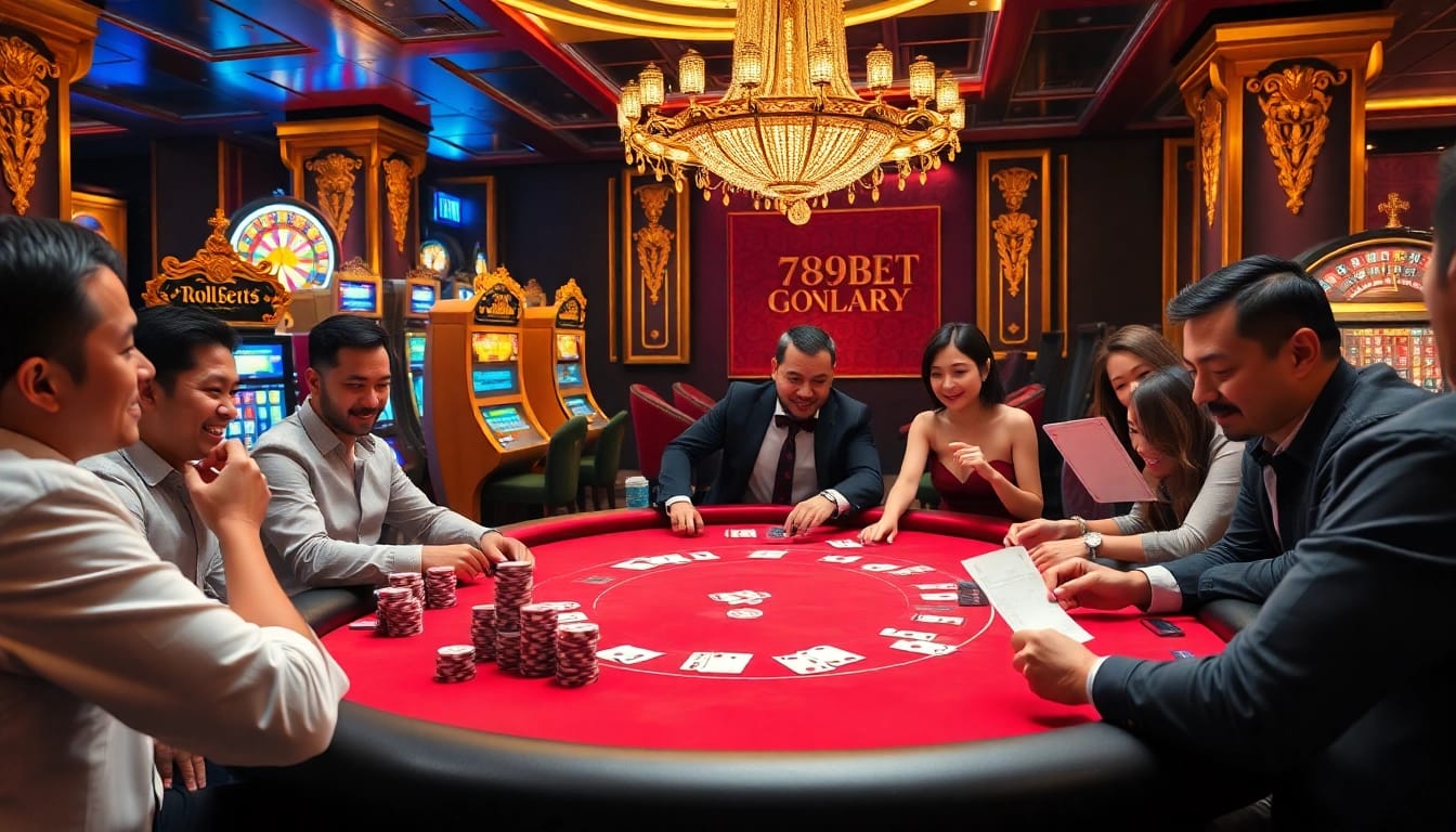 Intense poker gameplay at 789BET casino with excited players and luxurious setting.
