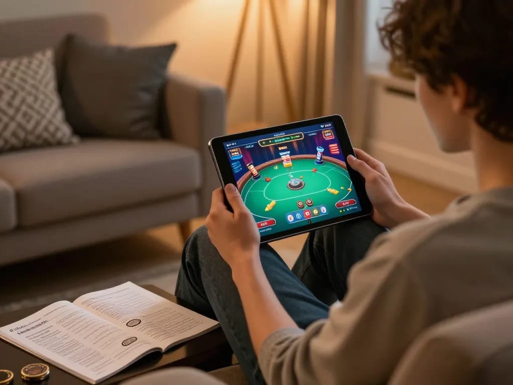 Engaged player using gen-e app for online poker game in a cozy living room