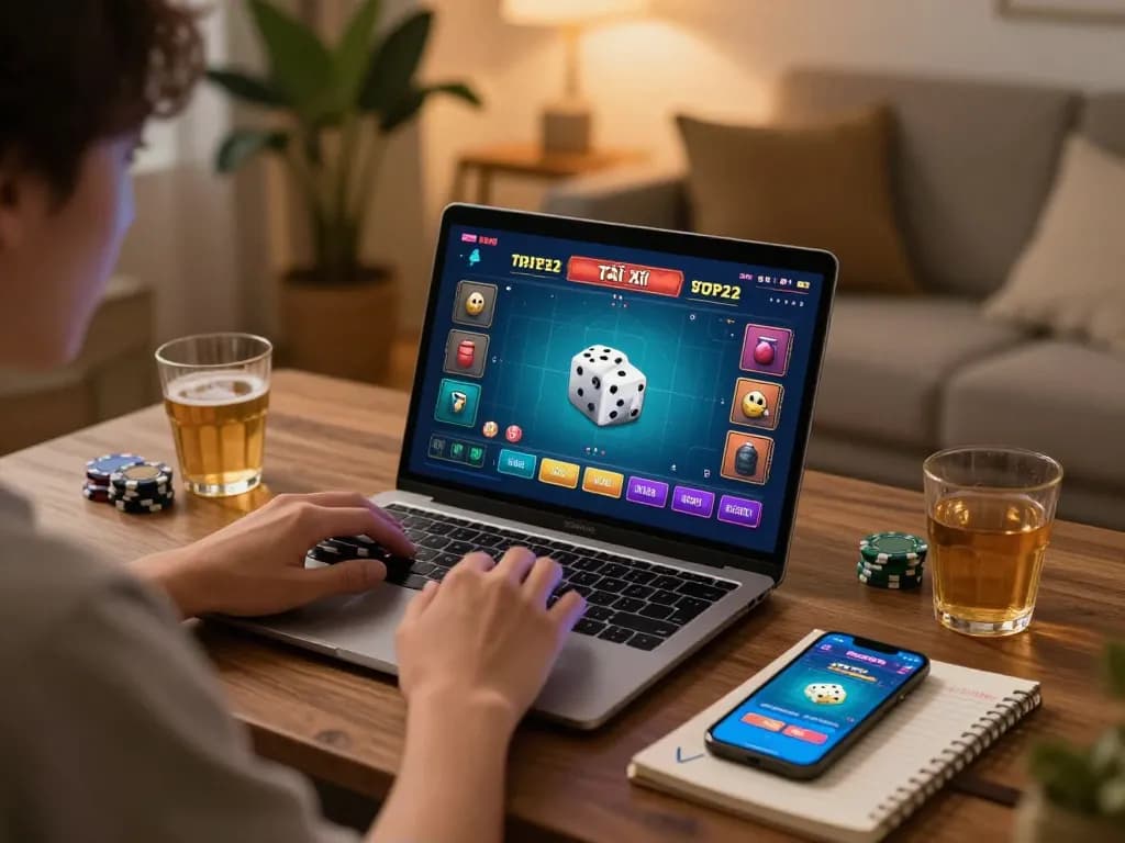 Tài xỉu online gameplay on a laptop, showing betting interface and dice in a cozy home setup.